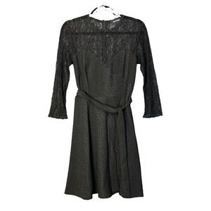 The Kooples Lace Dress Womens 3 M Black Snake Embossed Belted A-Line Sheer Yoke